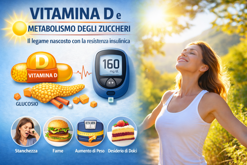 Persona esposta alla luce solare con grafica sulla vitamina D e monitoraggio della glicemia, immagine che rappresenta il ruolo della vitamina D nella regolazione del metabolismo degli zuccheri e della sensibilità insulinica.