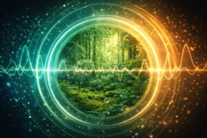 Immagine di un ambiente naturale verde con onde luminose che rappresentano le frequenze della biorisonanza e l’equilibrio energetico dell’organismo