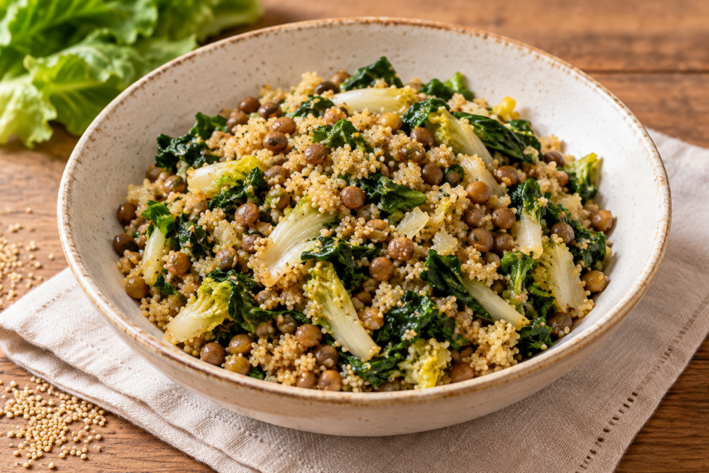 Piatto di quinoa con fagioli e spinaci.