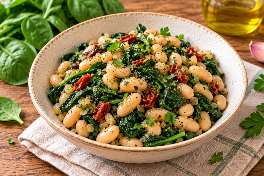 Ciotola con fagioli bianchi, spinaci e aromi, proposta come immagine illustrativa della ricetta quinoa, fagioli e spinaci.